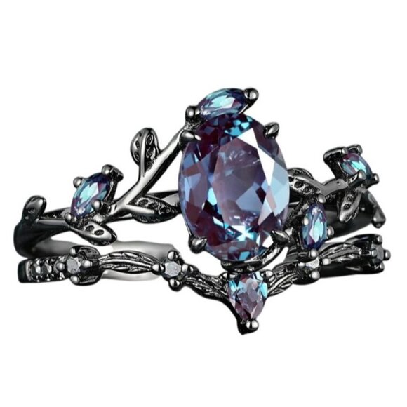 Pear Cut Alexandrite & Moissanite 2 piece Bridal Wedding engagement ring Rhodium - Picture 5 of 9